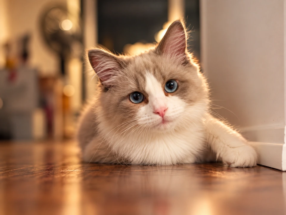 A fluffy cream and gray kitten with blue eyes lying on polished wood flooring